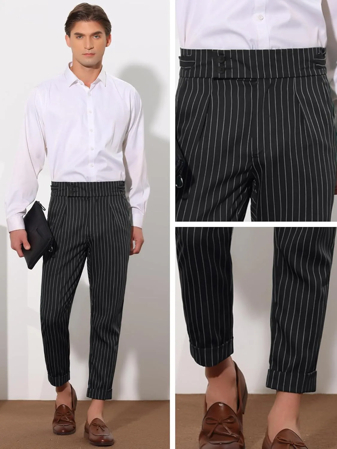 Lars Amadeus Striped Dress Pants for Men's Pleated Front Business Tapered Cropped Trousers