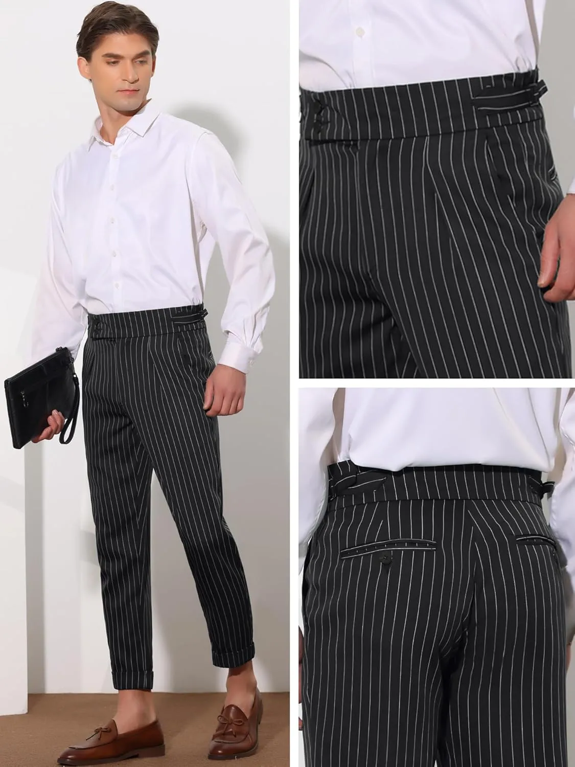 Lars Amadeus Striped Dress Pants for Men's Pleated Front Business Tapered Cropped Trousers