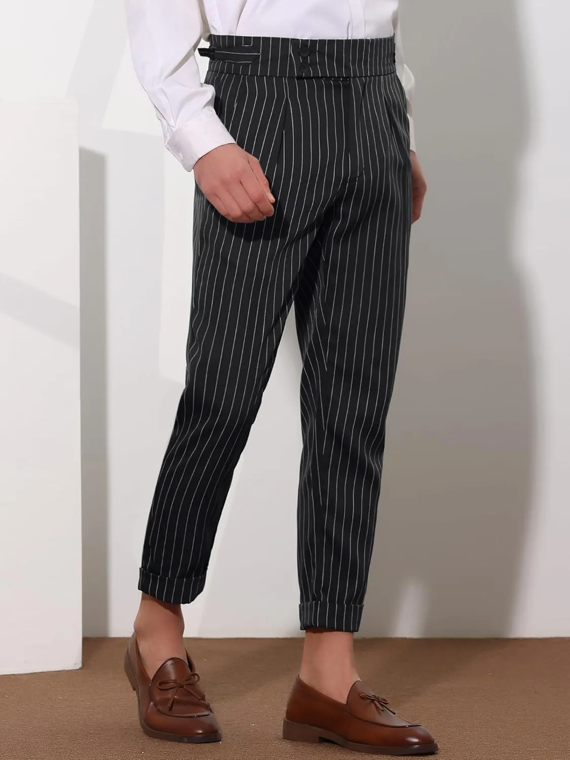 Lars Amadeus Striped Dress Pants for Men's Pleated Front Business Tapered Cropped Trousers