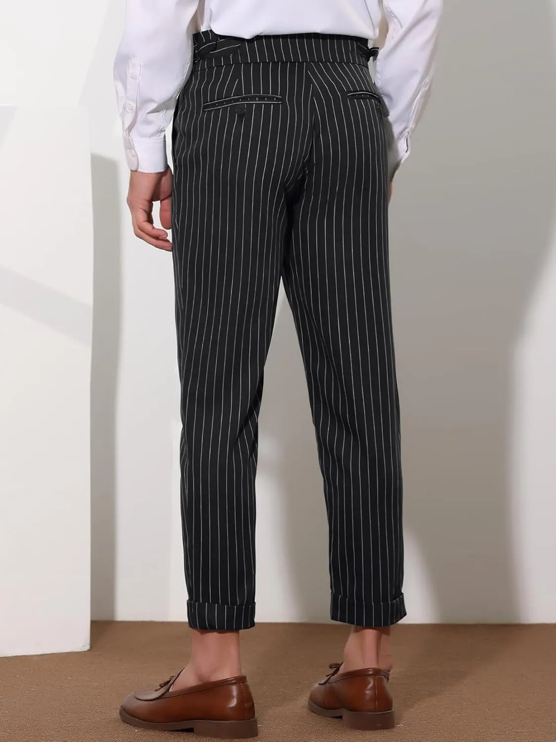 Lars Amadeus Striped Dress Pants for Men's Pleated Front Business Tapered Cropped Trousers