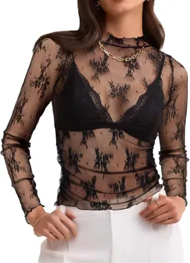 LEANI Women's 2024 Sheer Mesh Crop Top Long Sleeve Mock Neck Lace Floral See Through Y2K Shirt Blouses