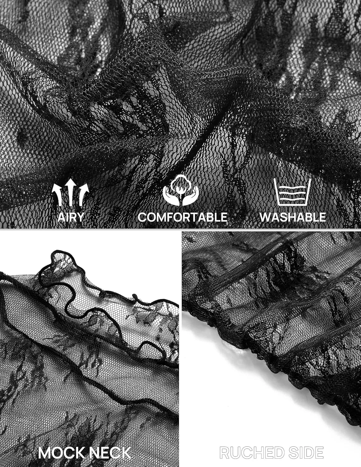 LEANI Women's 2024 Sheer Mesh Crop Top Long Sleeve Mock Neck Lace Floral See Through Y2K Shirt Blouses