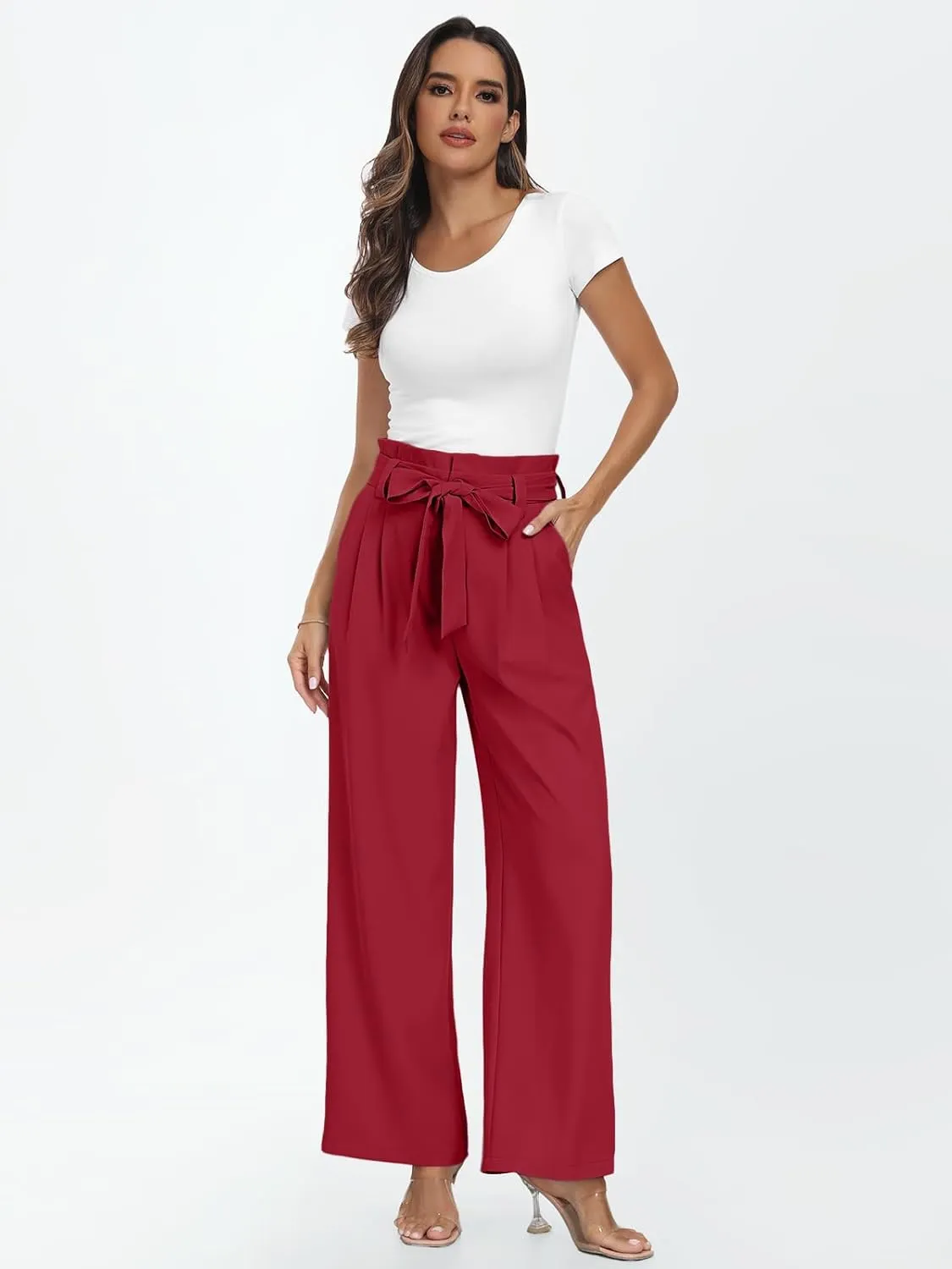 LILLUSORY Wide Leg Dress Pants Women's Paperbag High Waisted Business Casual Trousers with Removable Belt