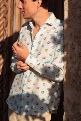 linen pufferfish shirt turquoise