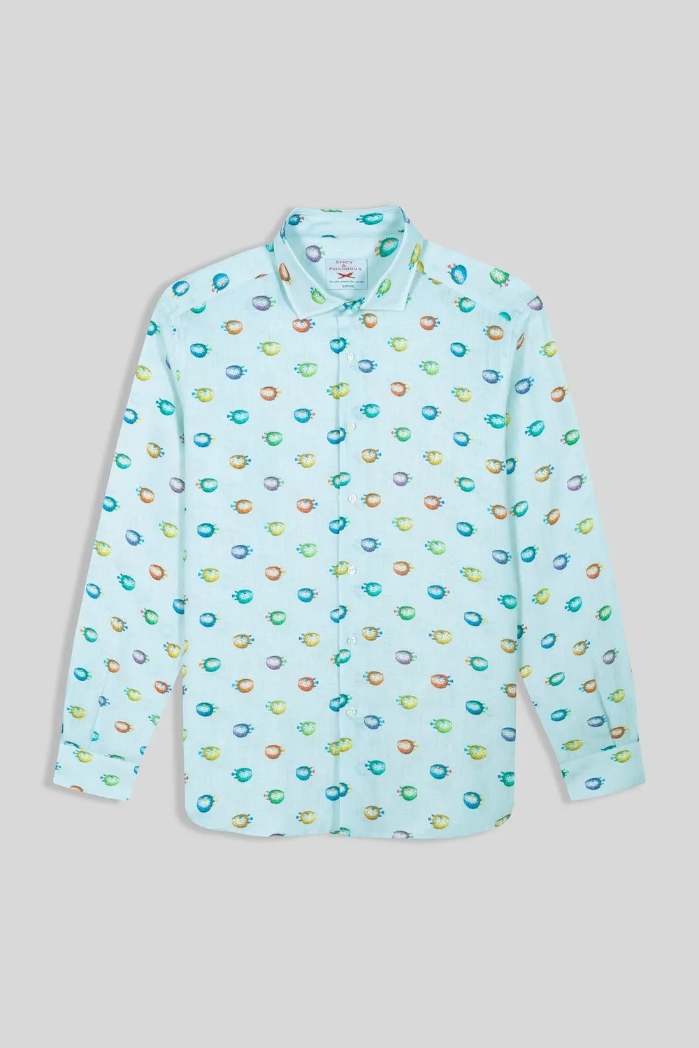 linen pufferfish shirt turquoise