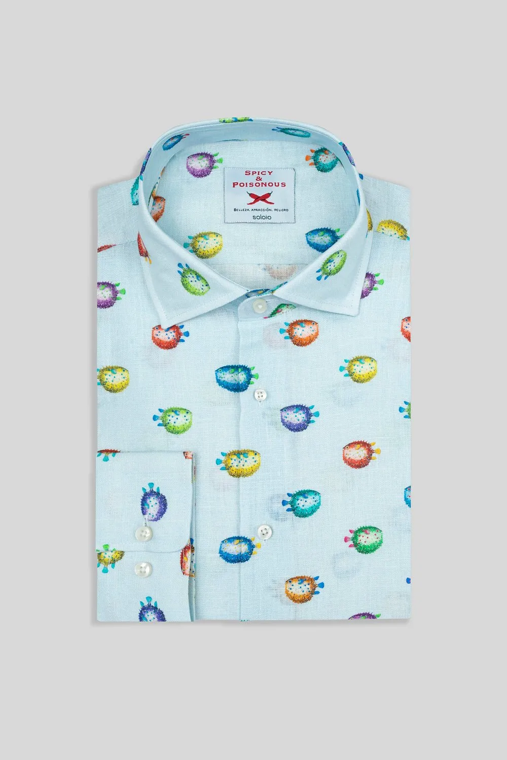 linen pufferfish shirt turquoise