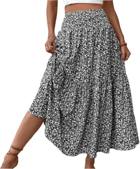 Long Skirts for Women Trendy Elastic High Waist Maxi Skirt Fashion Boho Print Patchwork Pleated Loose Fit Midi Skirt