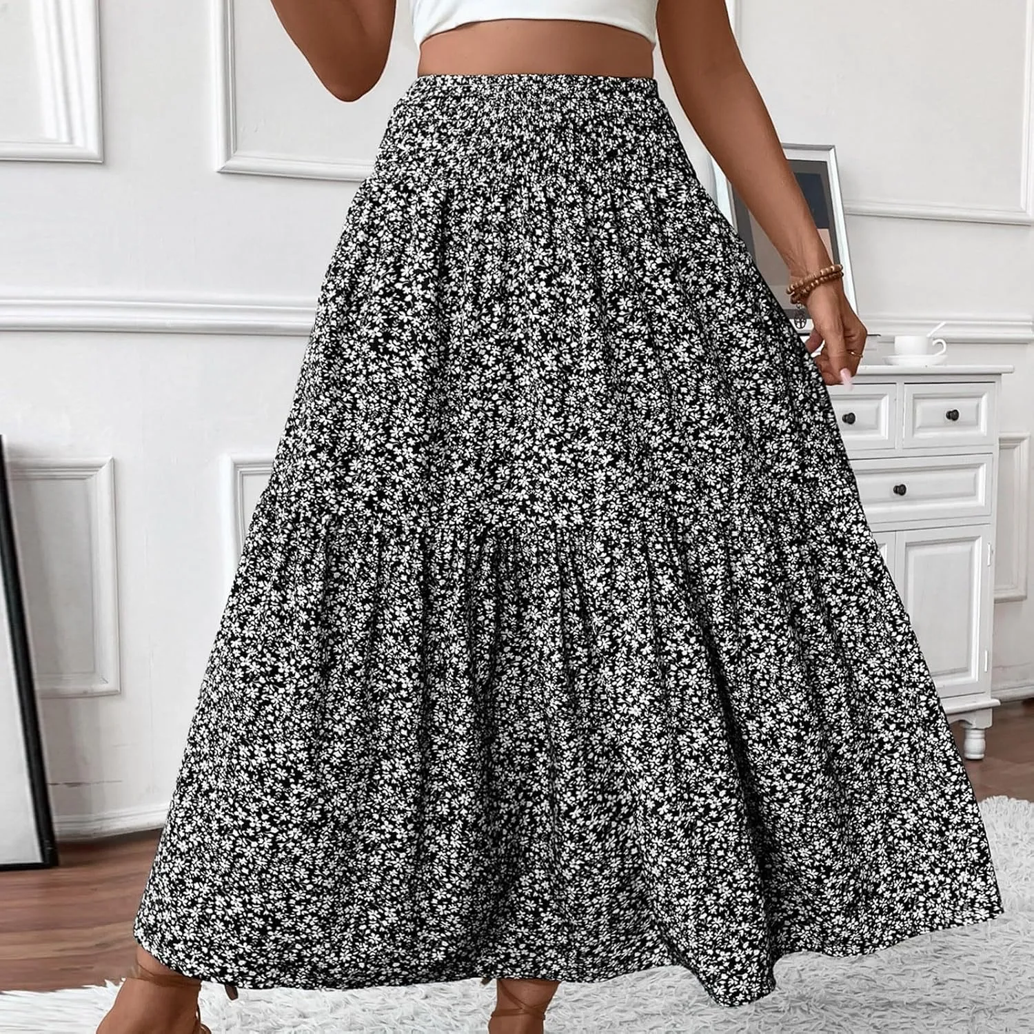 Long Skirts for Women Trendy Elastic High Waist Maxi Skirt Fashion Boho Print Patchwork Pleated Loose Fit Midi Skirt
