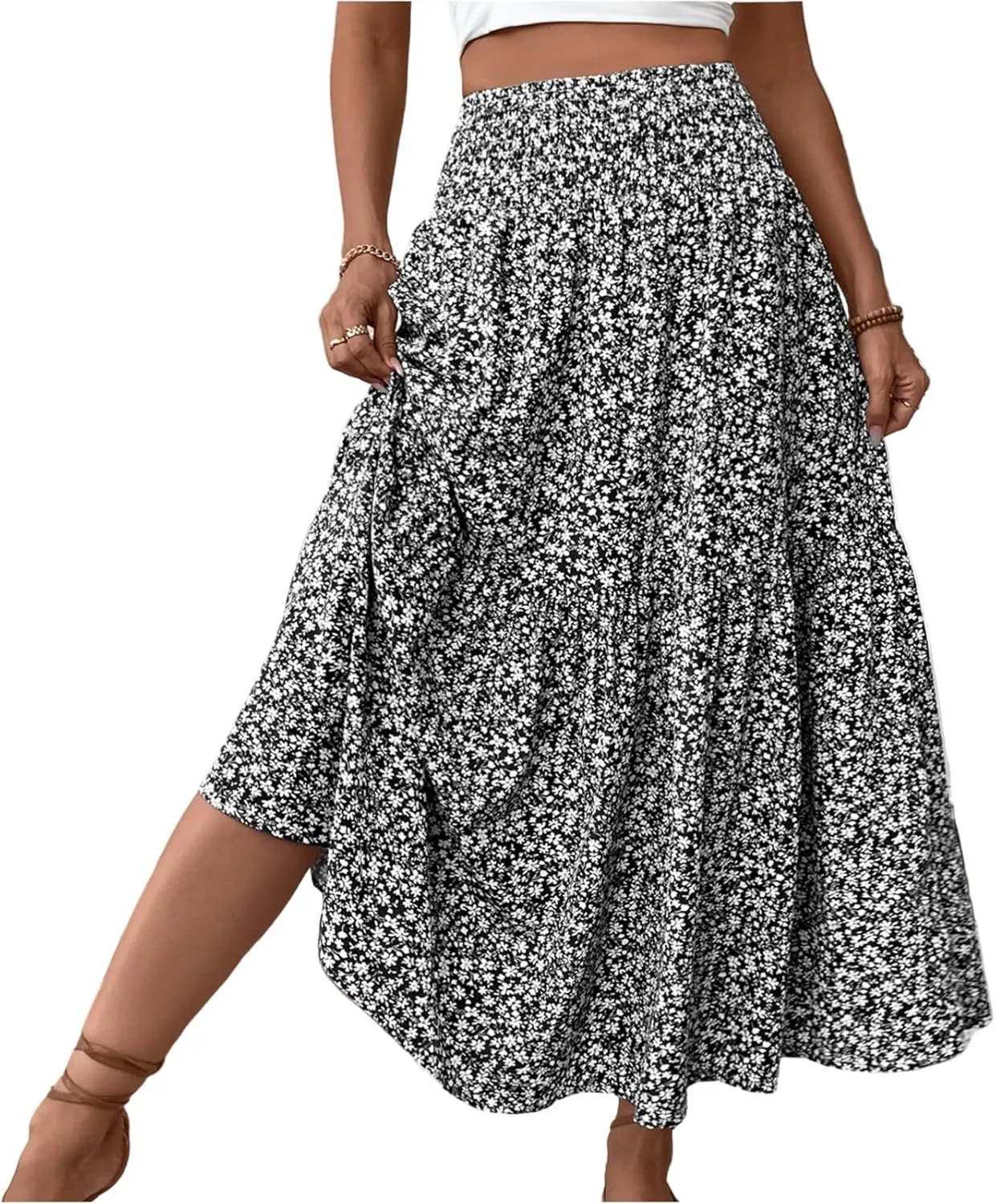 Long Skirts for Women Trendy Elastic High Waist Maxi Skirt Fashion Boho Print Patchwork Pleated Loose Fit Midi Skirt