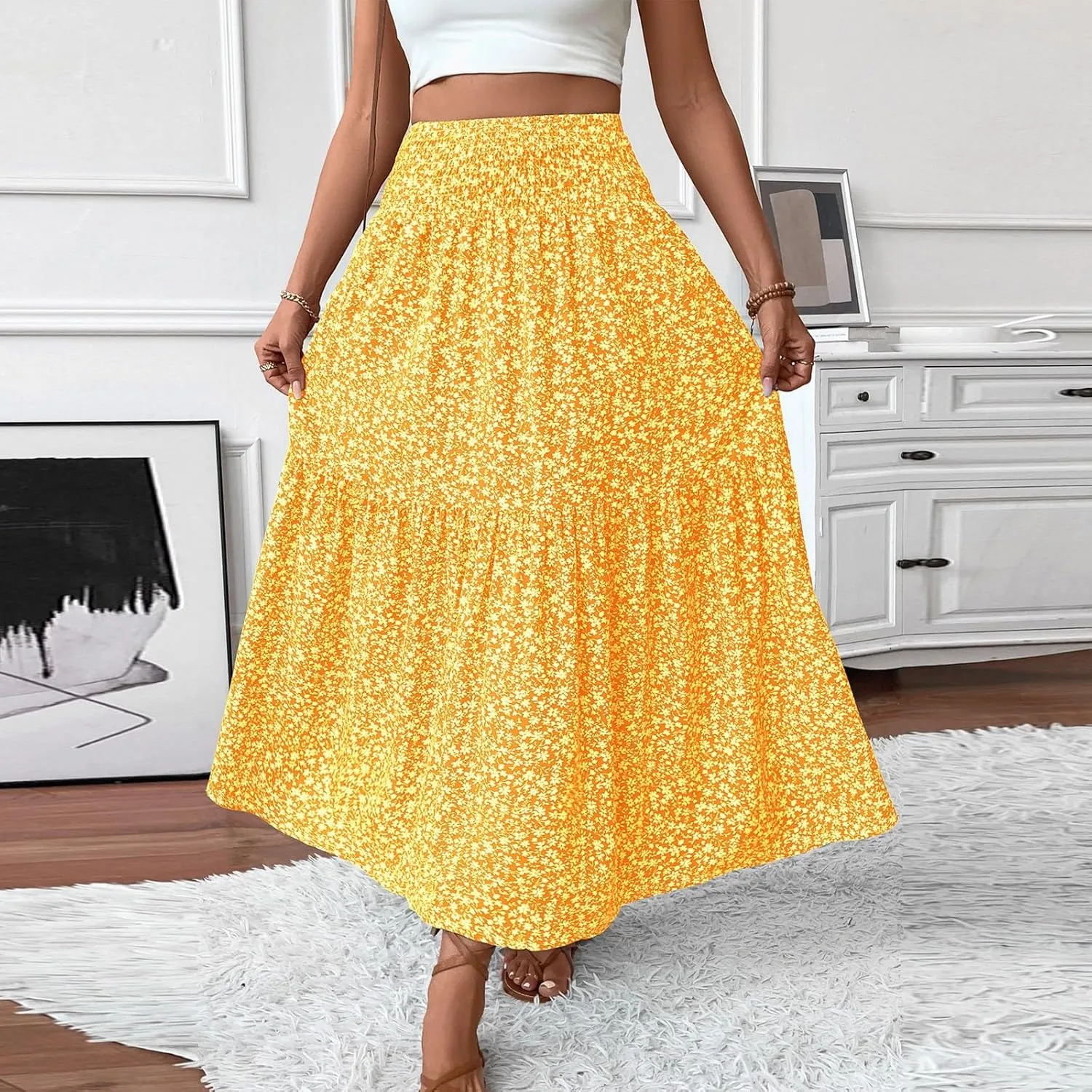 Long Skirts for Women Trendy Elastic High Waist Maxi Skirt Fashion Boho Print Patchwork Pleated Loose Fit Midi Skirt