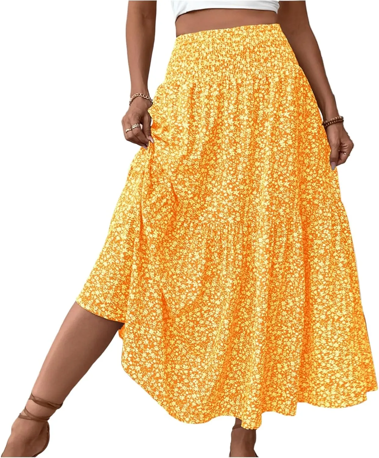Long Skirts for Women Trendy Elastic High Waist Maxi Skirt Fashion Boho Print Patchwork Pleated Loose Fit Midi Skirt