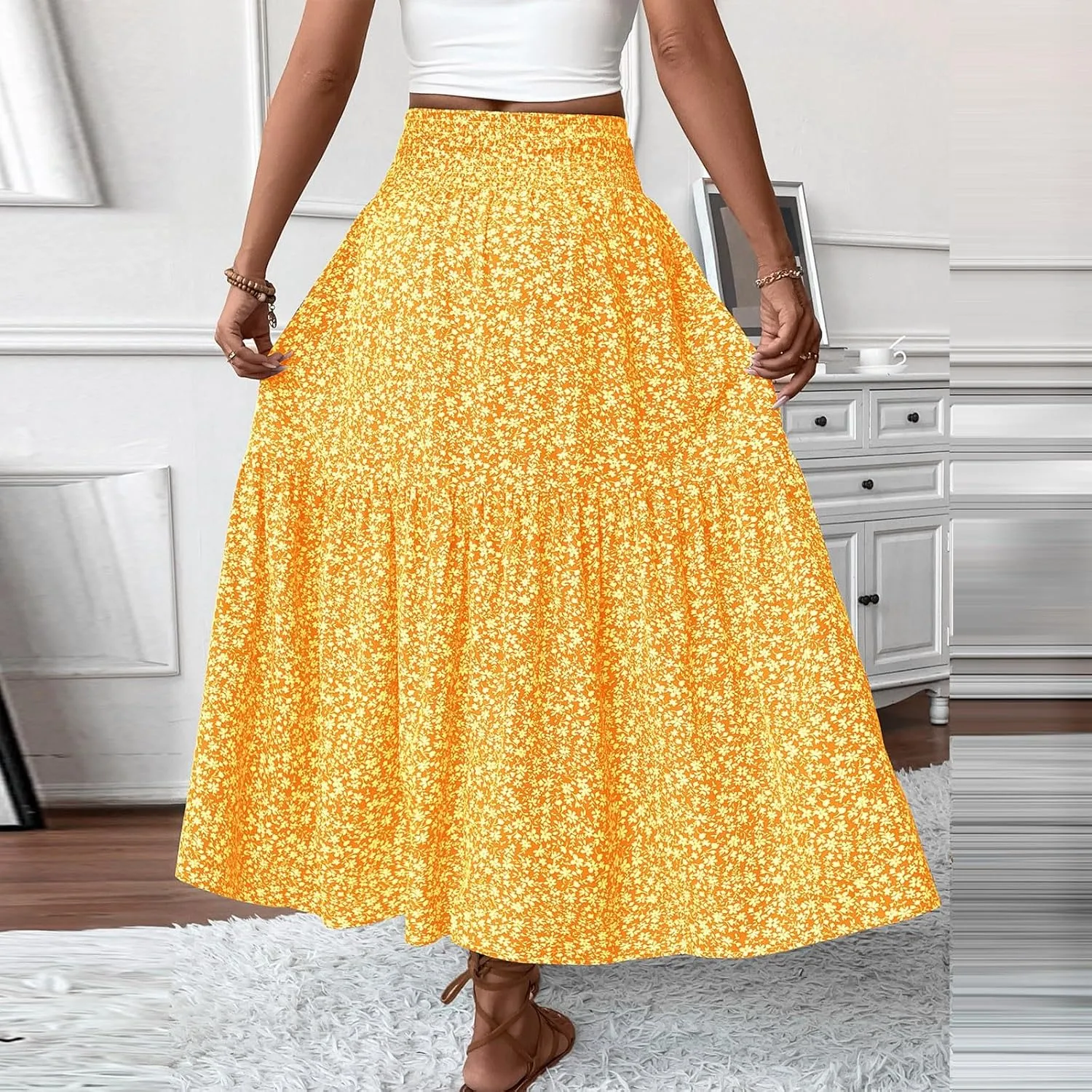 Long Skirts for Women Trendy Elastic High Waist Maxi Skirt Fashion Boho Print Patchwork Pleated Loose Fit Midi Skirt