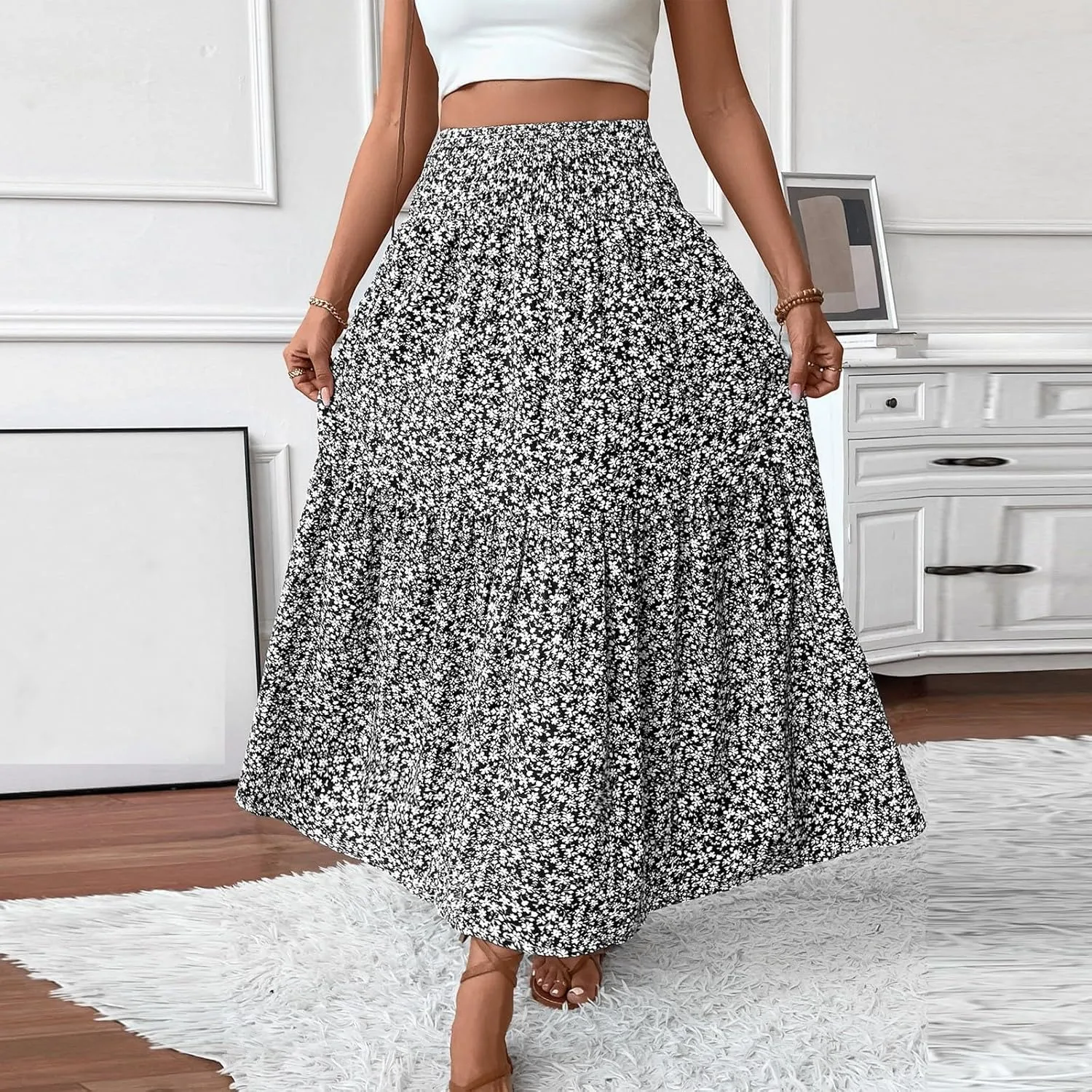 Long Skirts for Women Trendy Elastic High Waist Maxi Skirt Fashion Boho Print Patchwork Pleated Loose Fit Midi Skirt