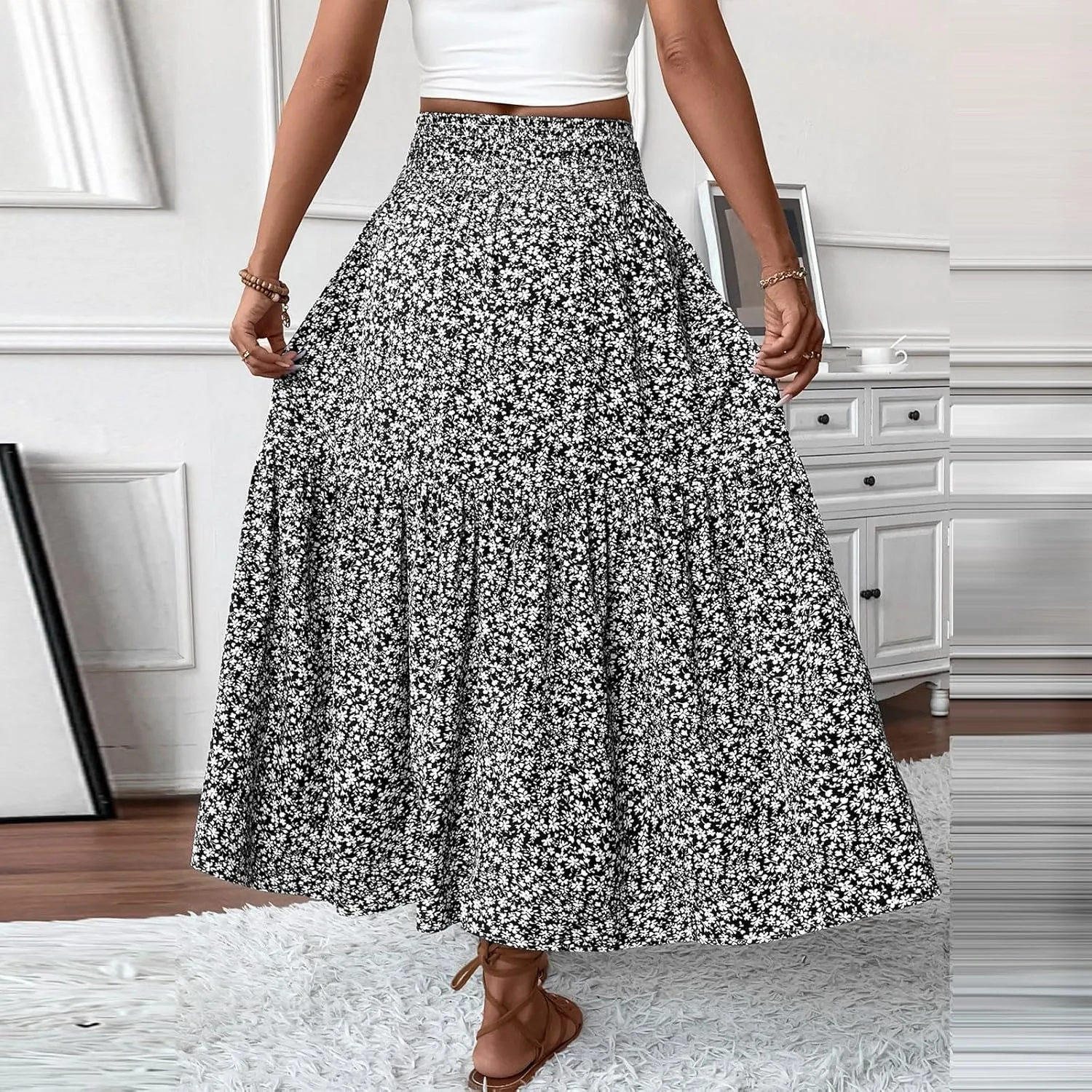 Long Skirts for Women Trendy Elastic High Waist Maxi Skirt Fashion Boho Print Patchwork Pleated Loose Fit Midi Skirt