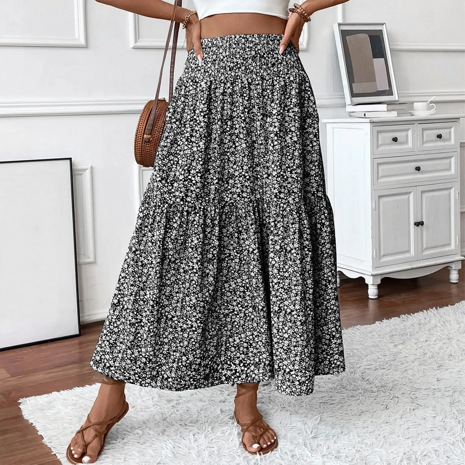 Long Skirts for Women Trendy Elastic High Waist Maxi Skirt Fashion Boho Print Patchwork Pleated Loose Fit Midi Skirt