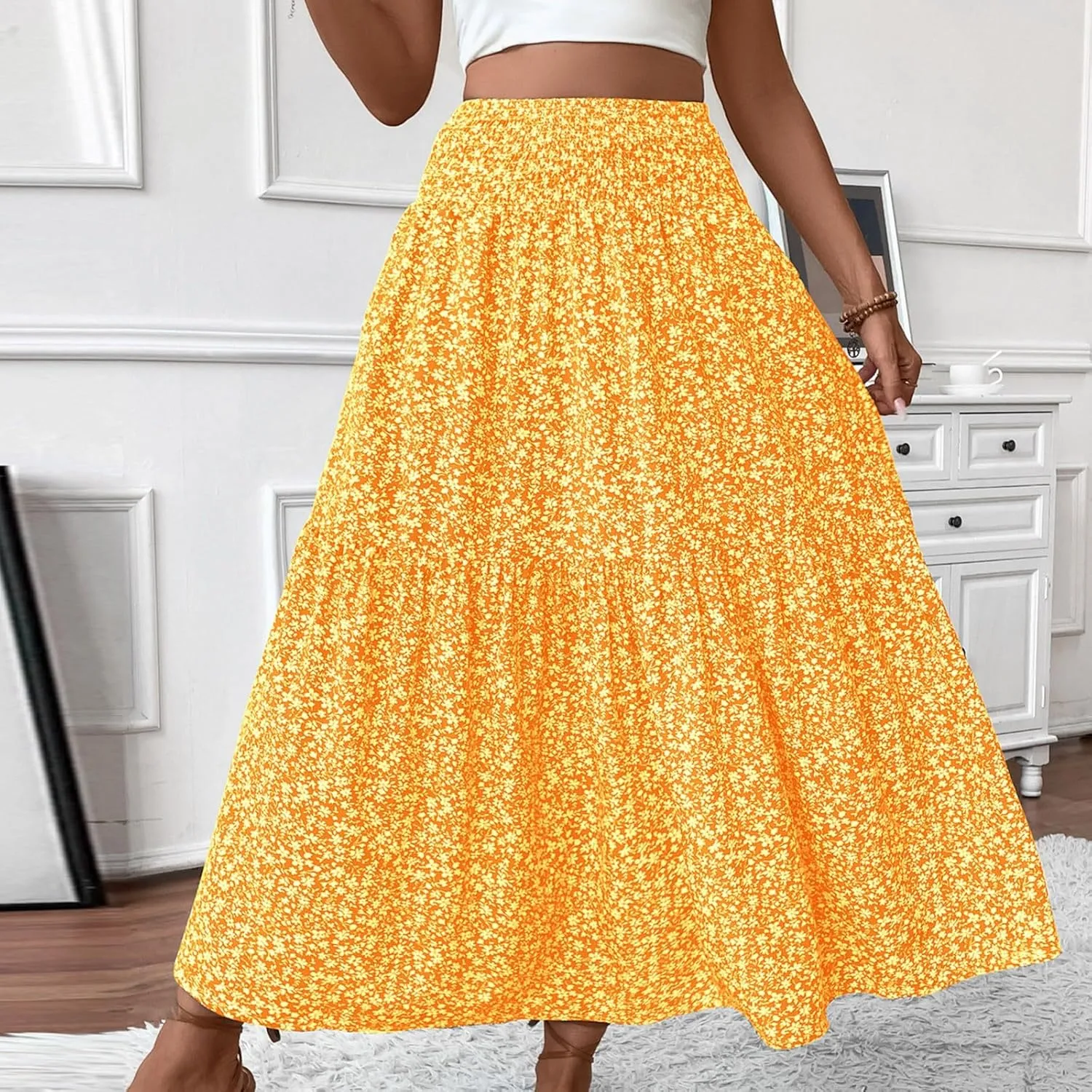 Long Skirts for Women Trendy Elastic High Waist Maxi Skirt Fashion Boho Print Patchwork Pleated Loose Fit Midi Skirt
