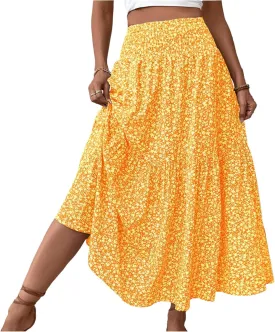 Long Skirts for Women Trendy Elastic High Waist Maxi Skirt Fashion Boho Print Patchwork Pleated Loose Fit Midi Skirt