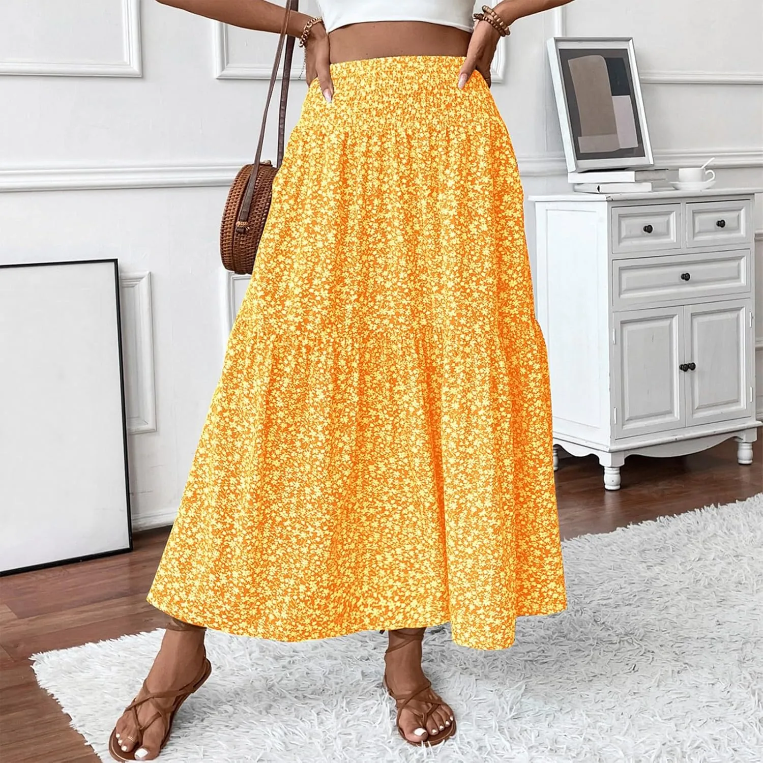 Long Skirts for Women Trendy Elastic High Waist Maxi Skirt Fashion Boho Print Patchwork Pleated Loose Fit Midi Skirt