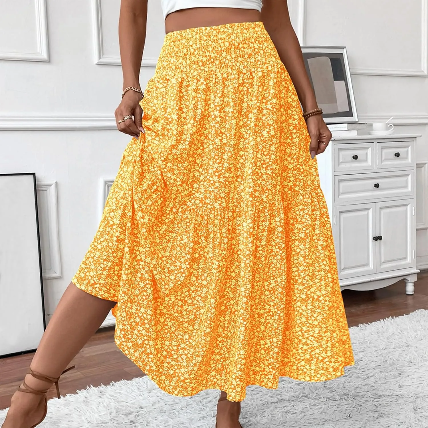 Long Skirts for Women Trendy Elastic High Waist Maxi Skirt Fashion Boho Print Patchwork Pleated Loose Fit Midi Skirt