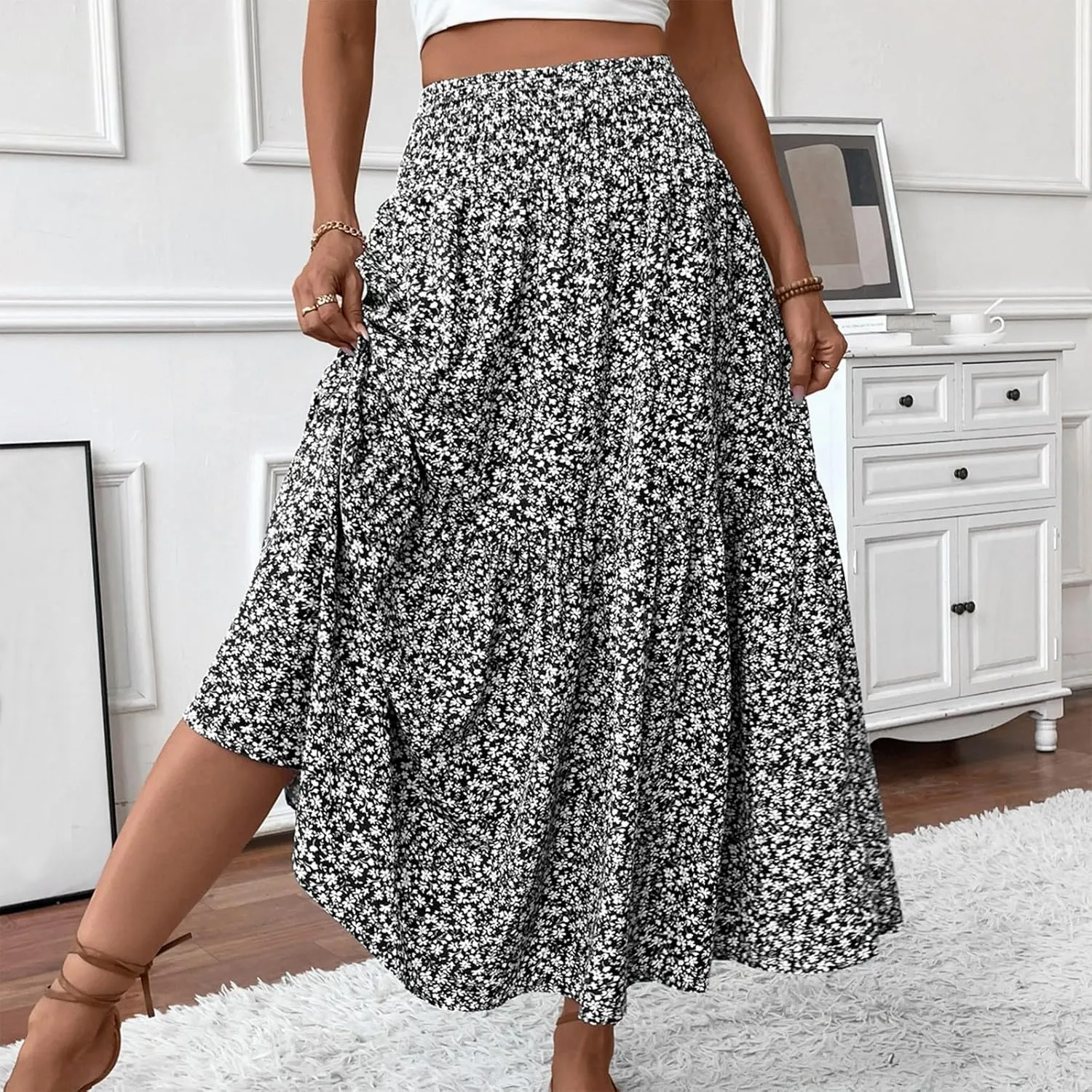 Long Skirts for Women Trendy Elastic High Waist Maxi Skirt Fashion Boho Print Patchwork Pleated Loose Fit Midi Skirt
