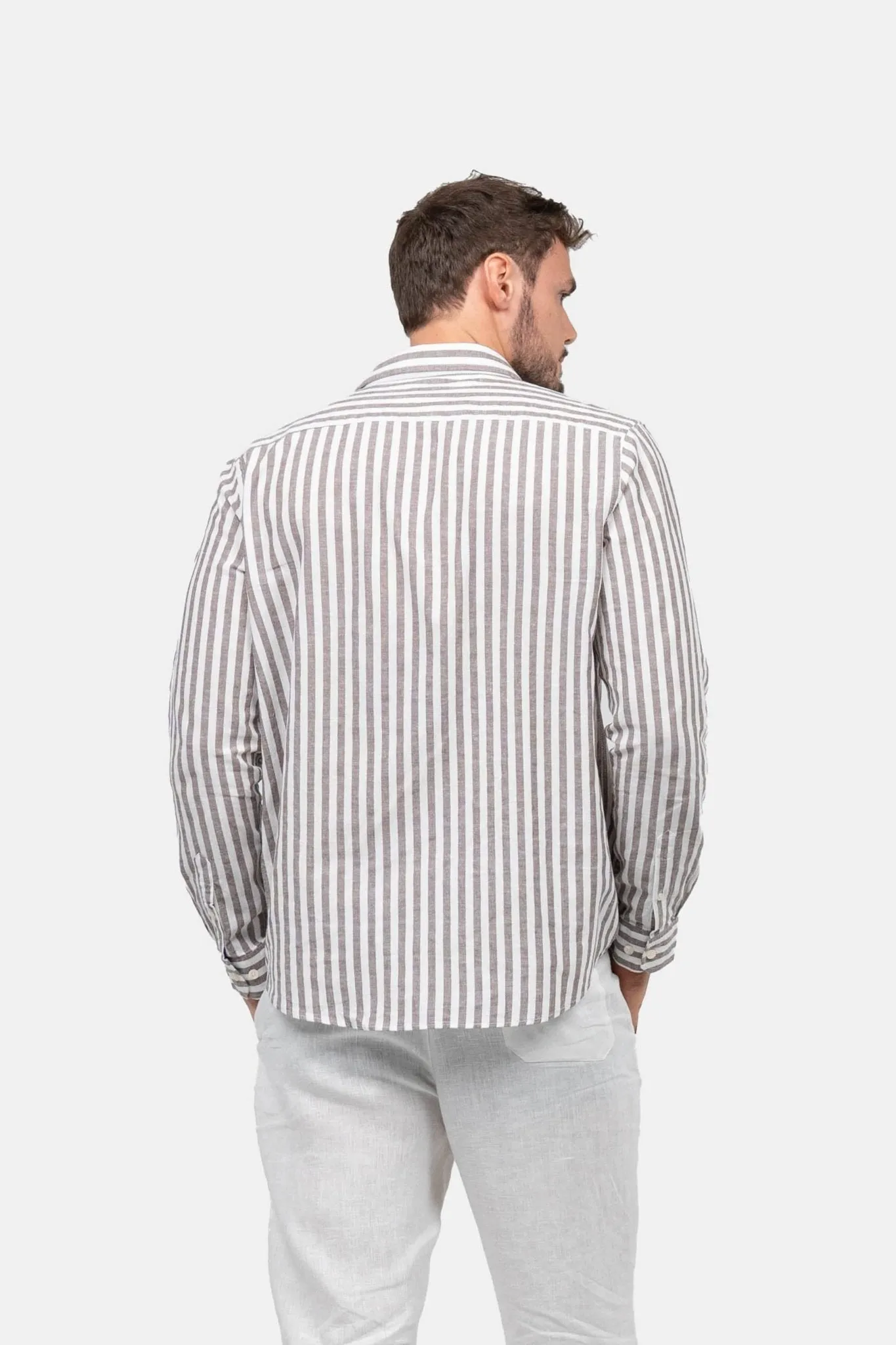Long Sleeve Linen Shirt Chestnut Striped