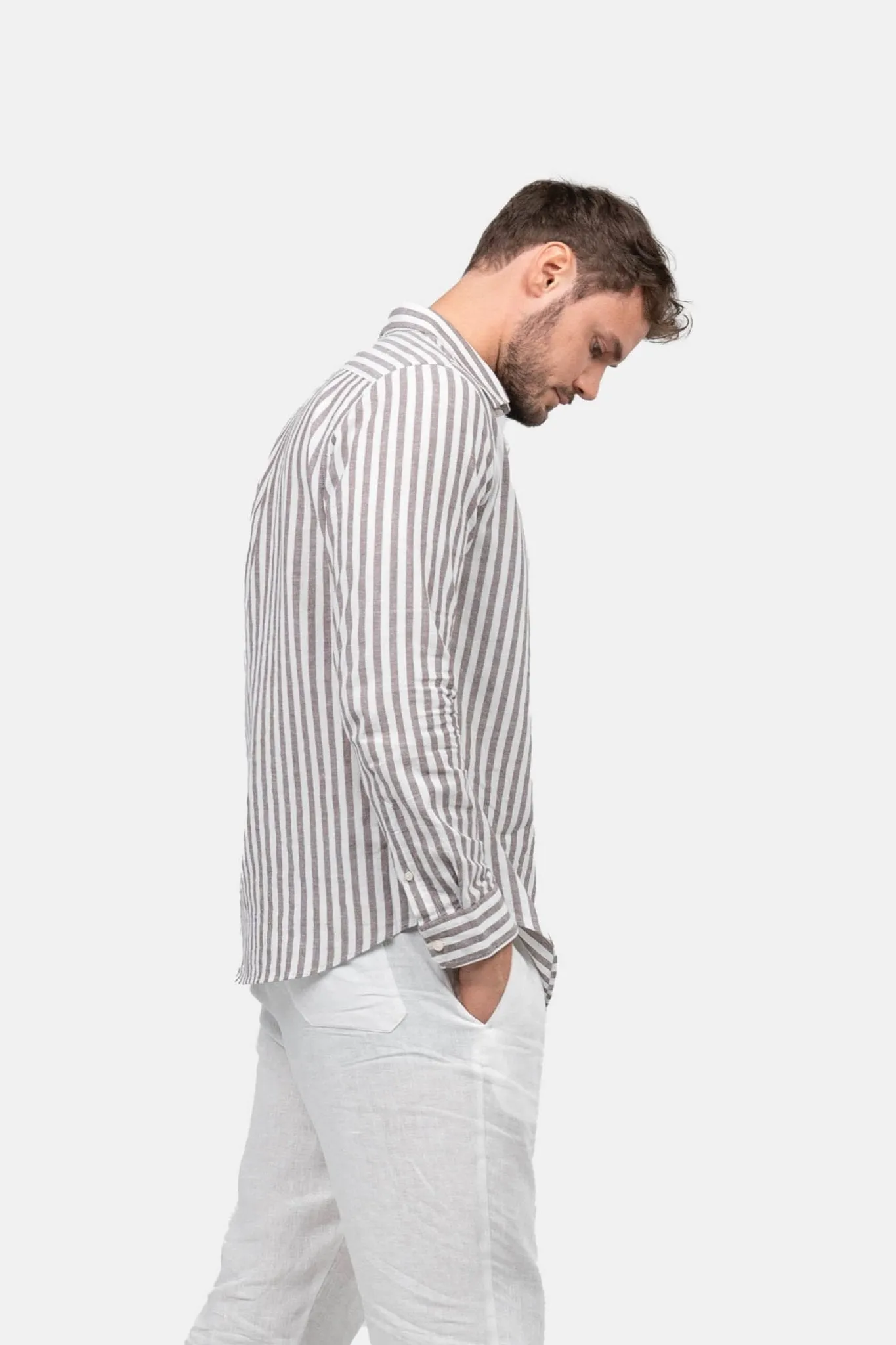 Long Sleeve Linen Shirt Chestnut Striped