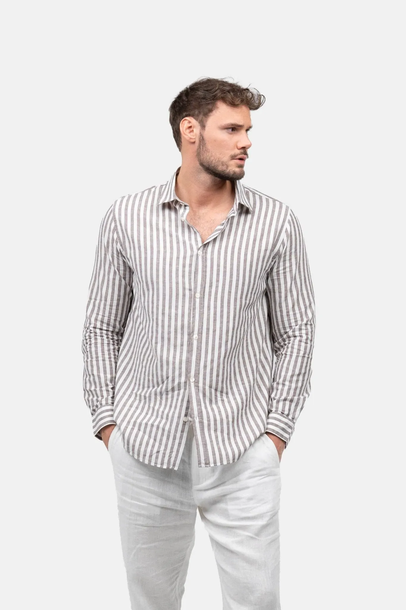 Long Sleeve Linen Shirt Chestnut Striped
