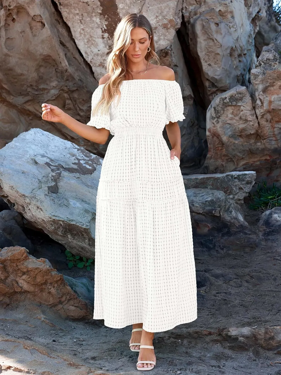 MASCOMODA Off The Shoulder Flowy Maxi Dress for Women 2024 Summer Casual Puff Short Sleeve Smocked Ruffle Beach Long Dresses