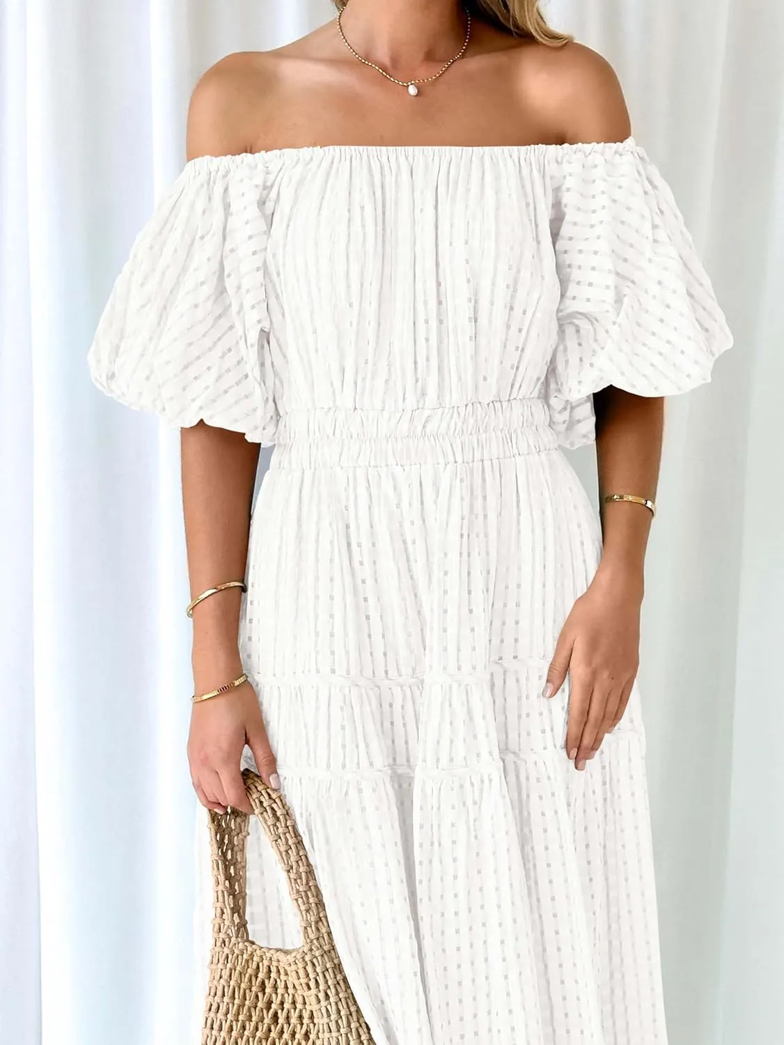 MASCOMODA Off The Shoulder Flowy Maxi Dress for Women 2024 Summer Casual Puff Short Sleeve Smocked Ruffle Beach Long Dresses