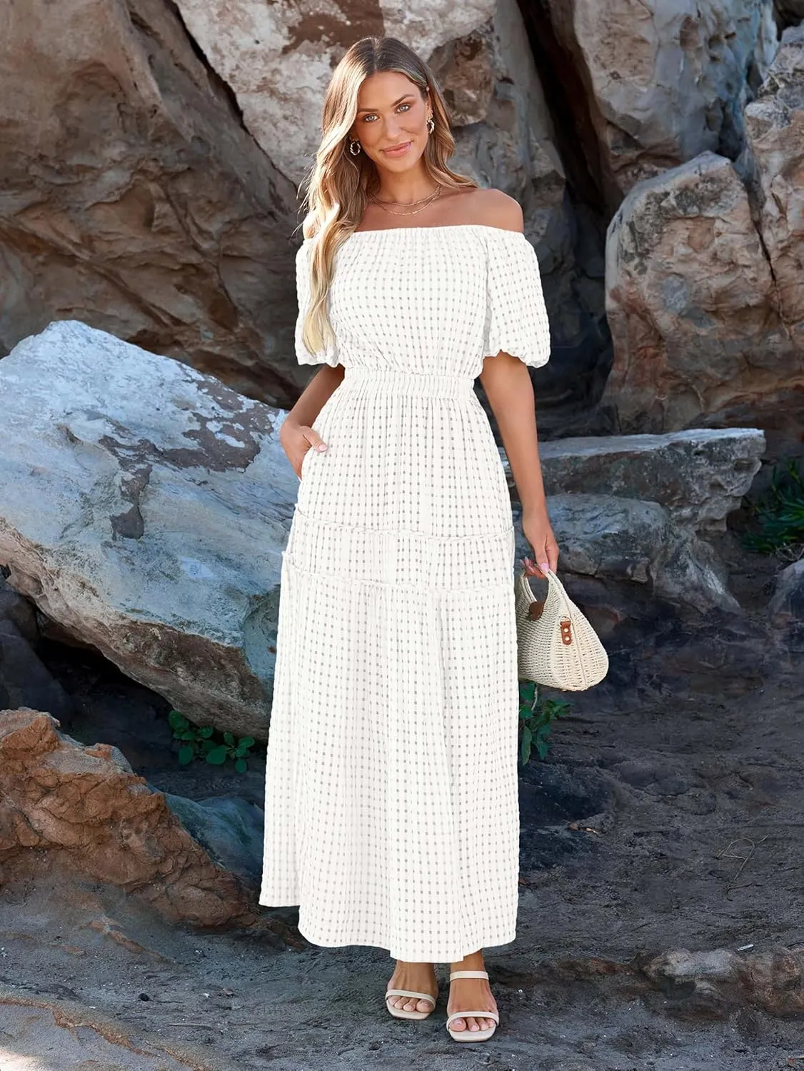 MASCOMODA Off The Shoulder Flowy Maxi Dress for Women 2024 Summer Casual Puff Short Sleeve Smocked Ruffle Beach Long Dresses