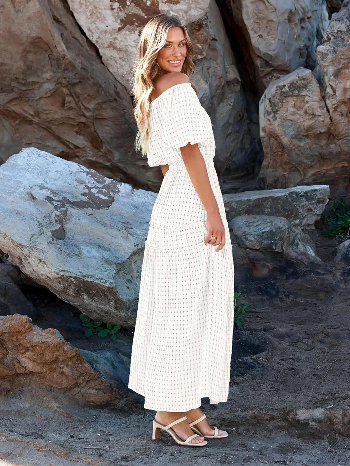 MASCOMODA Off The Shoulder Flowy Maxi Dress for Women 2024 Summer Casual Puff Short Sleeve Smocked Ruffle Beach Long Dresses