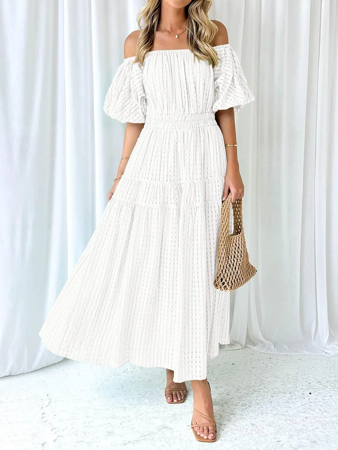 MASCOMODA Off The Shoulder Flowy Maxi Dress for Women 2024 Summer Casual Puff Short Sleeve Smocked Ruffle Beach Long Dresses