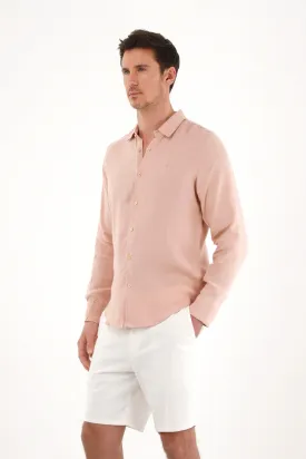 Men's 100% Linen Pink Embroidered Shirt
