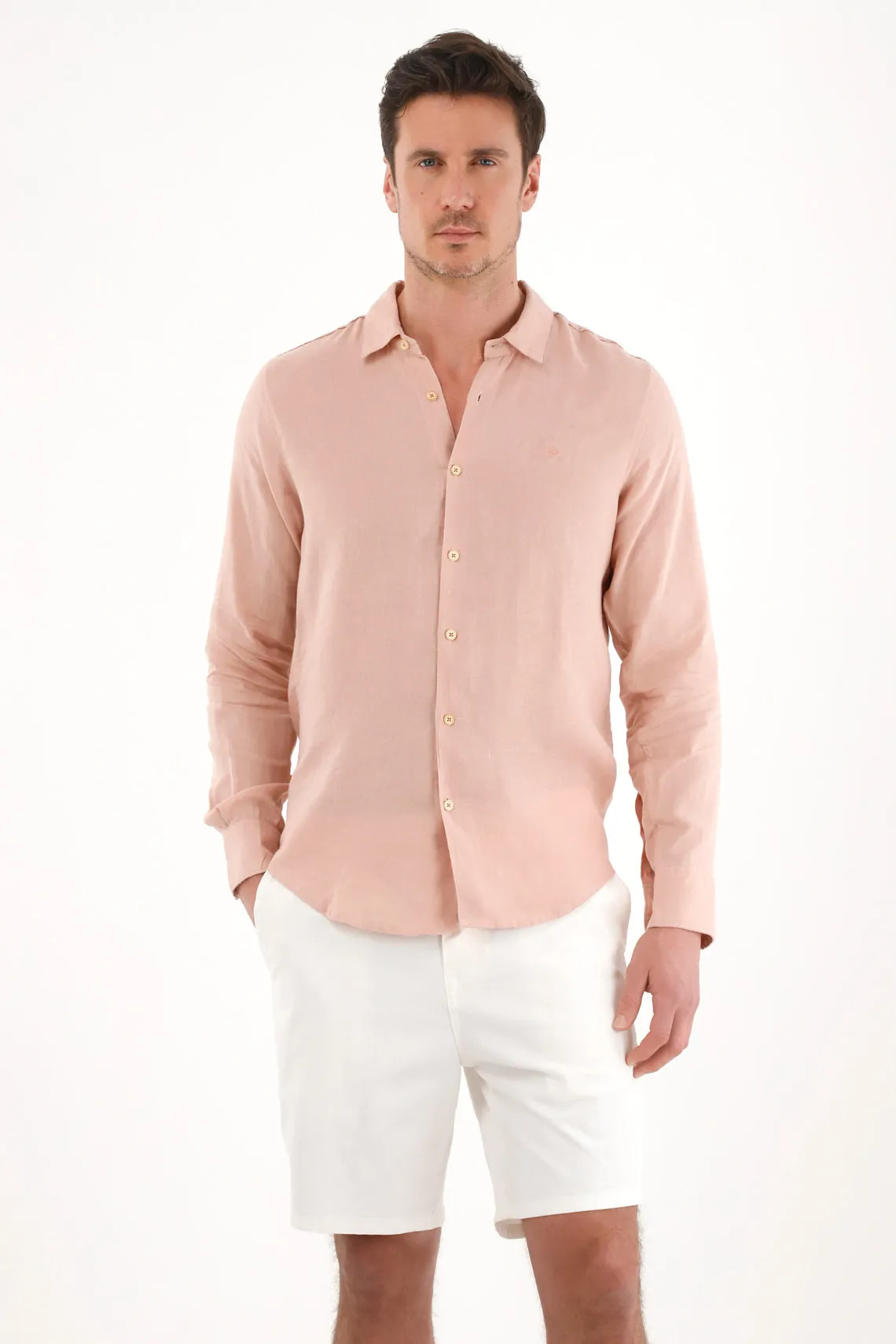 Men's 100% Linen Pink Embroidered Shirt