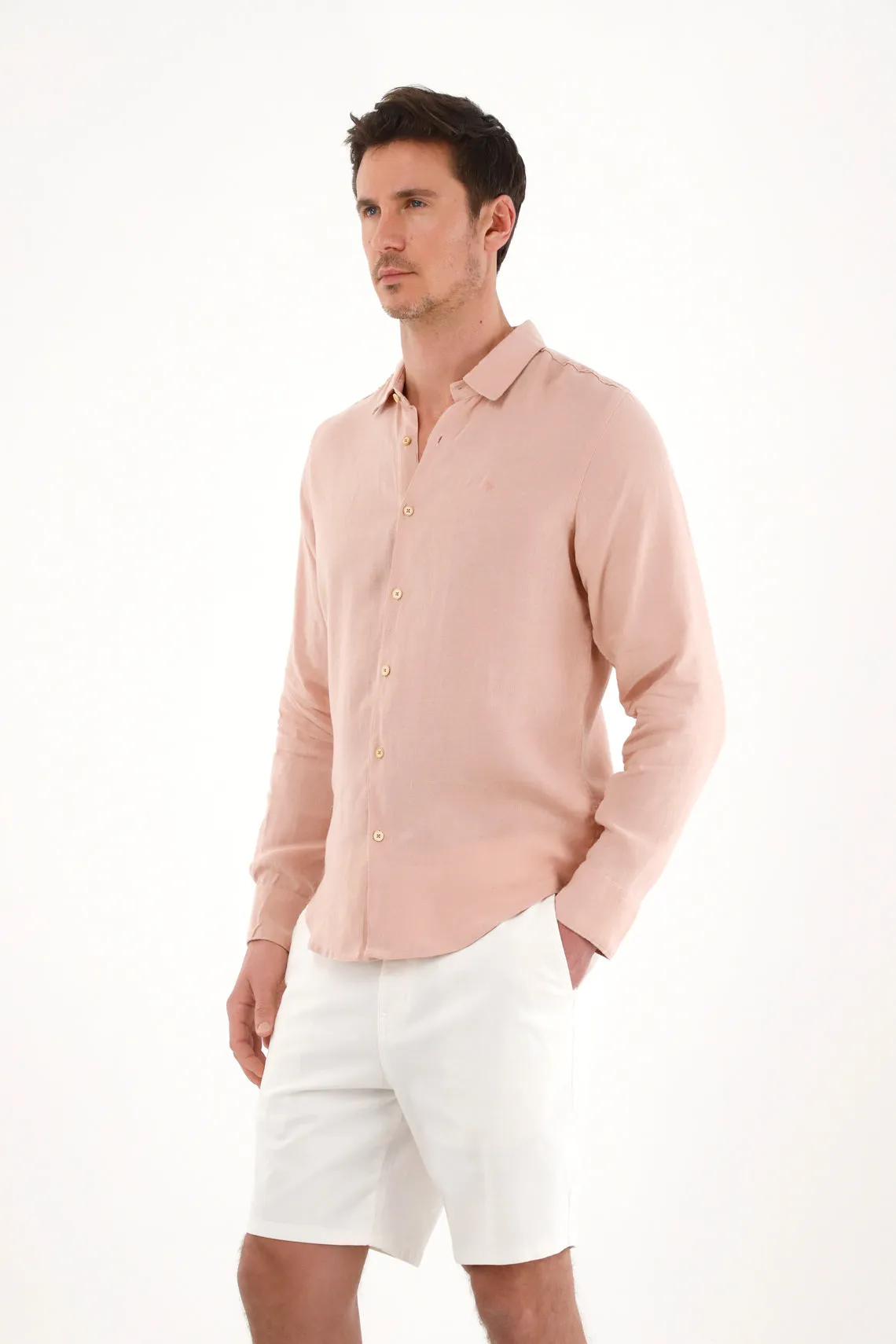 Men's 100% Linen Pink Embroidered Shirt