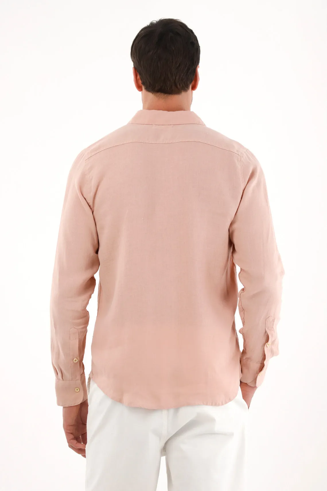 Men's 100% Linen Pink Embroidered Shirt