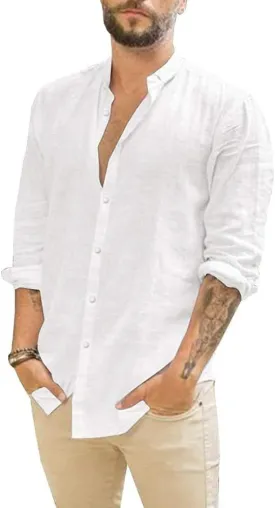 Mens Casual Long Sleeve Cotton Linen Shirts Buttons Down Solid Plain Roll-Up Sleeve Summer Beach Shirts