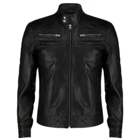 Men's Snap Button Collar Black Leather Jacket