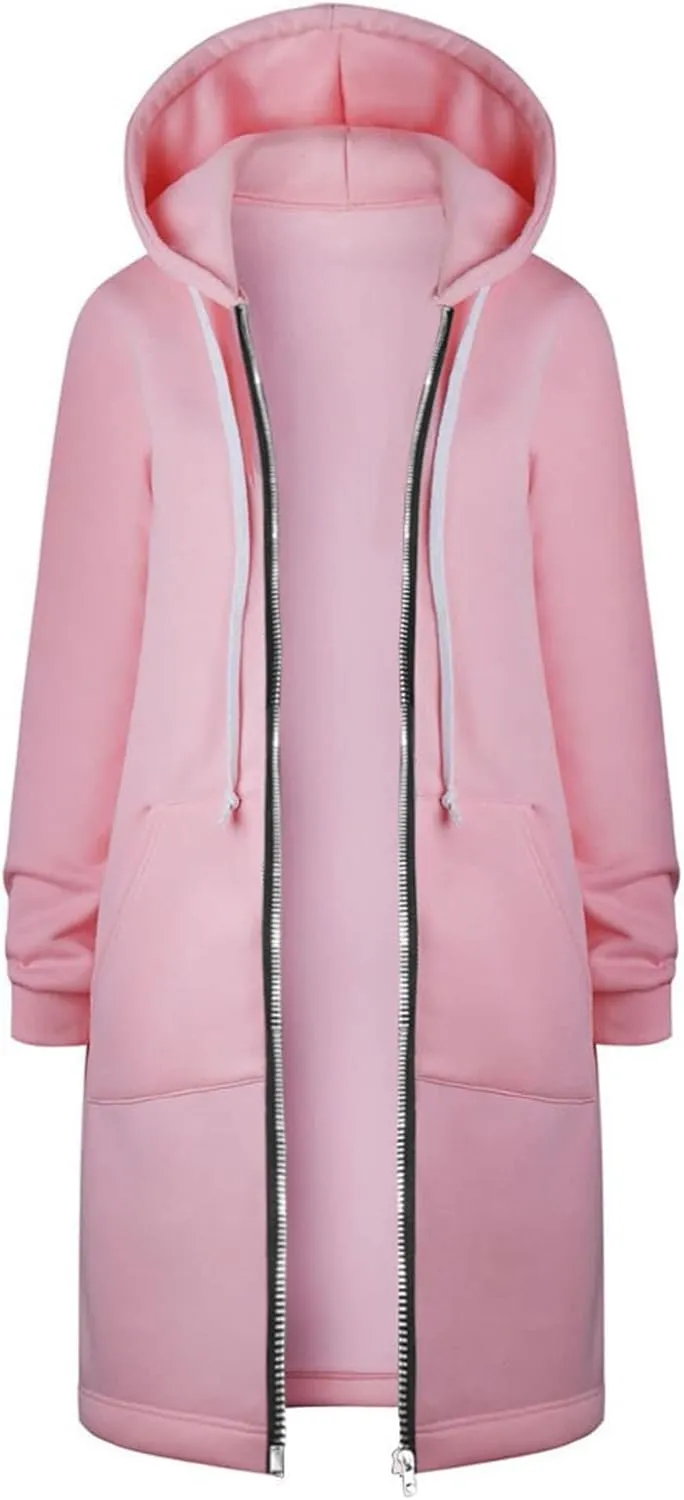 Muyise Women's Zip Up Hoodies Long Jackets Lightweight Tunic Drawstring Hooded Sweatshirts Oversized Winter Coat with Pockets