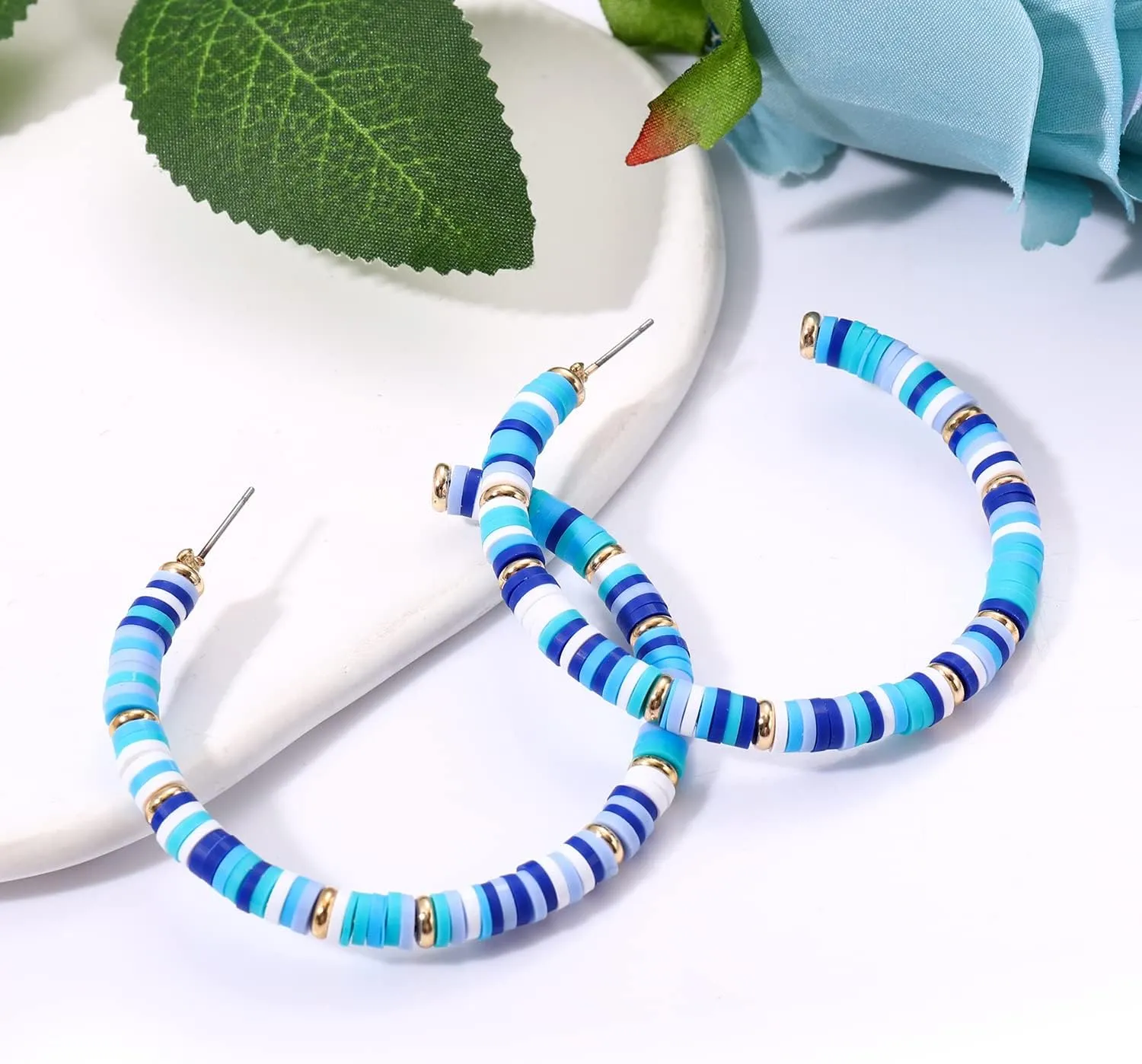 NVENF Heishi Bead Hoop Earrings for Women Rainbow Vinyl Disc Beads Circle Earring Studs Handmade Bohemia Summer Beach Earring Vacation Party Gifts
