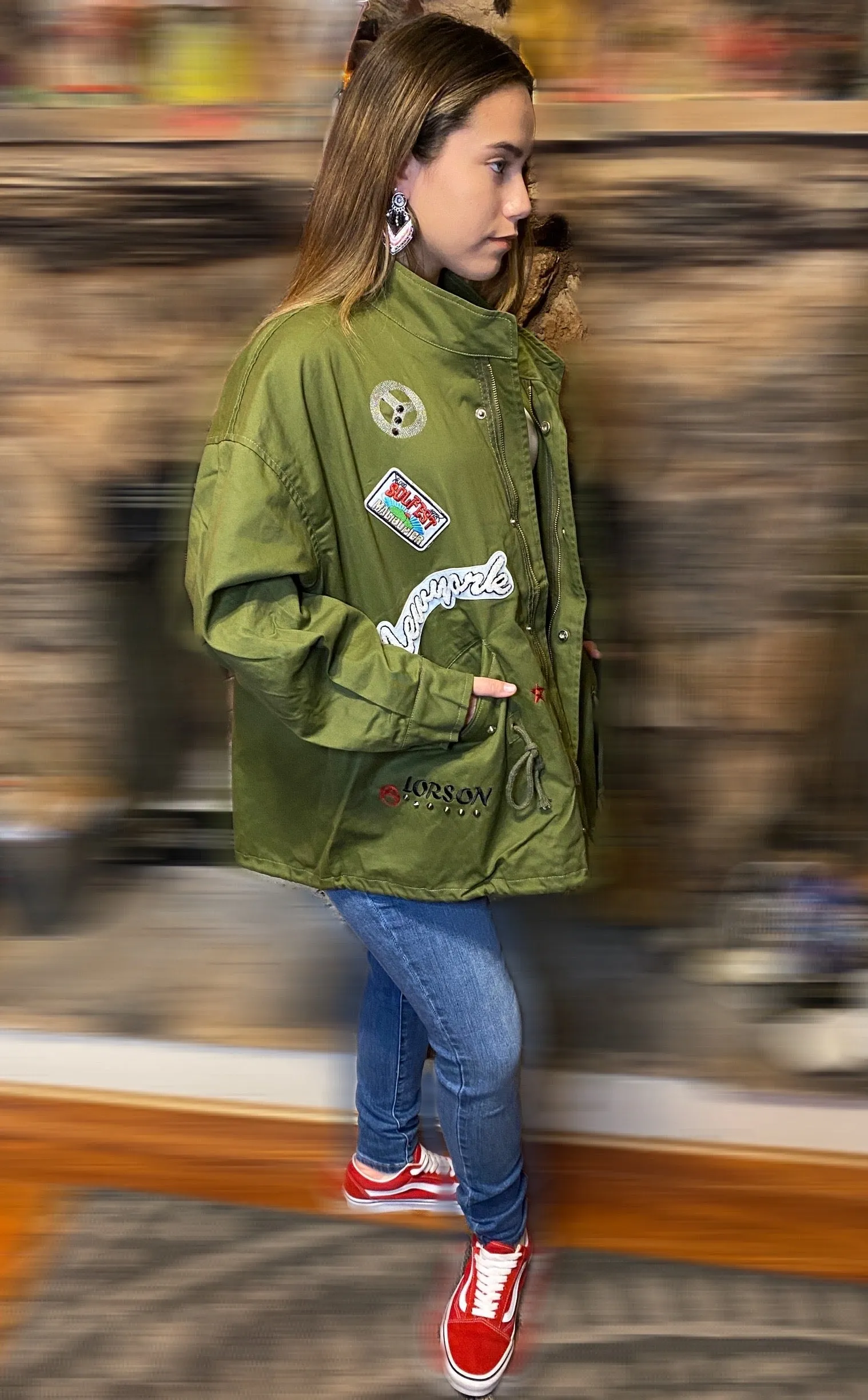 Oversized Utility Jacket with Stud Trim and Crown - Army Green