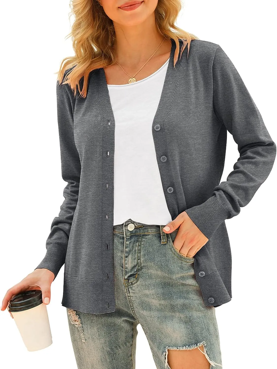 ppyoung Women's V Neck Button Down Knitwear Long Sleeve Soft Basic Knit Cardigan Sweater