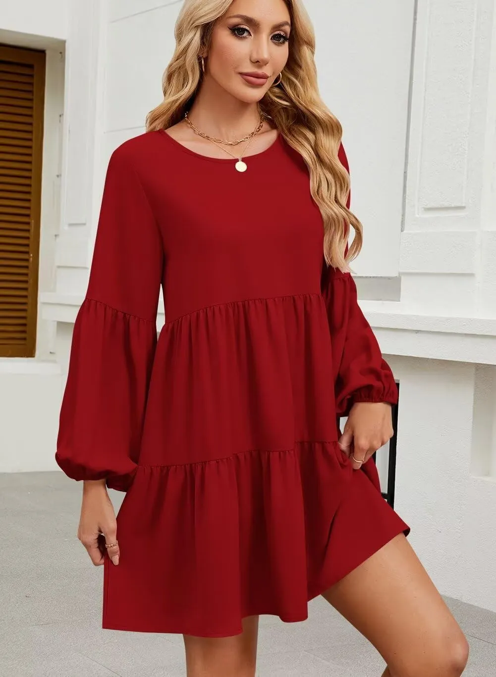 QACOHU Summer Babydoll Dresses for Women 2025 Spring Crew Neck Long Sleeve Loose Flowy Swing Tunic Mini Dress