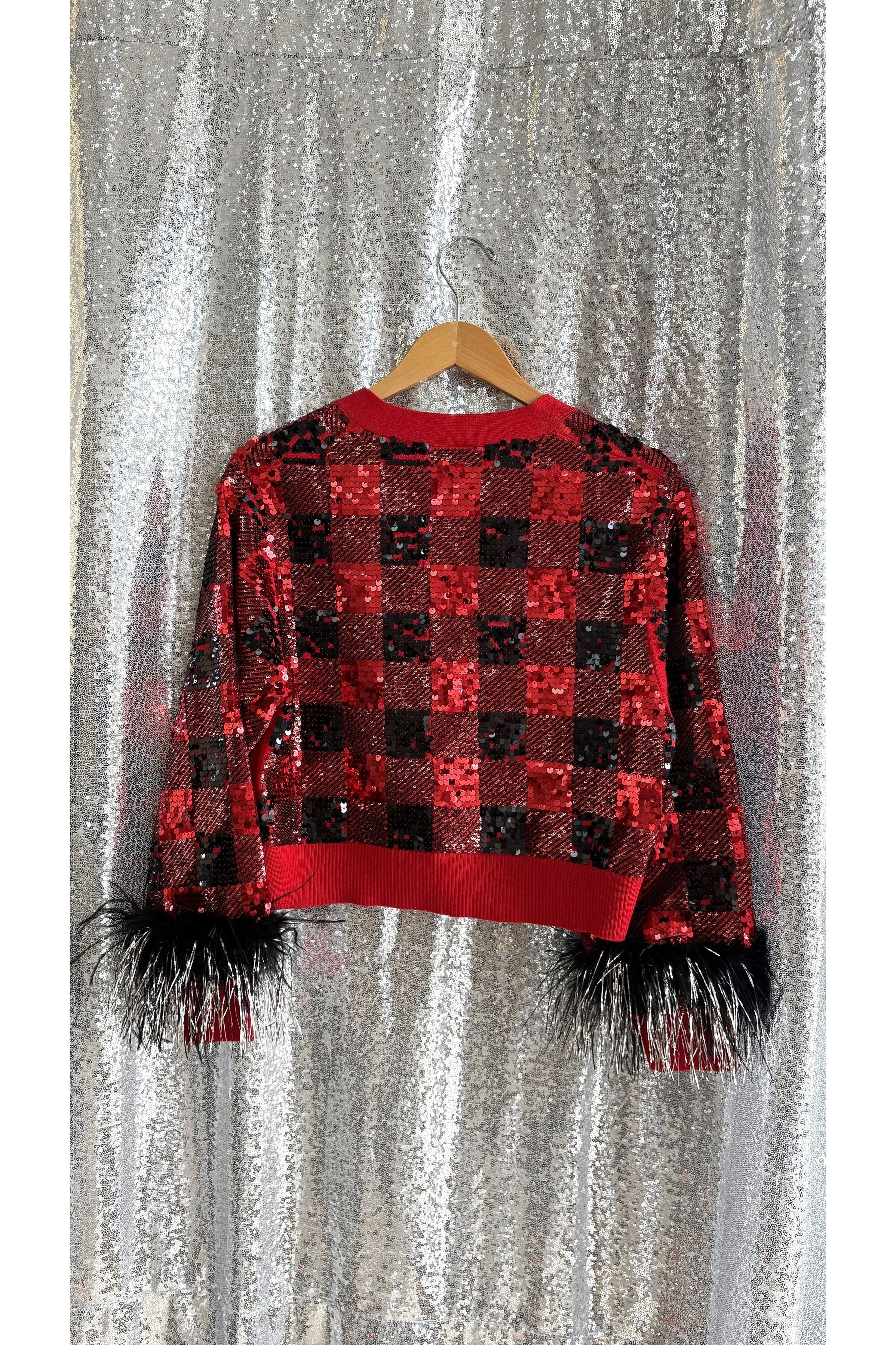 Queen of Sparkles Buffalo Plaid Cardigan with Feather Sleeves
