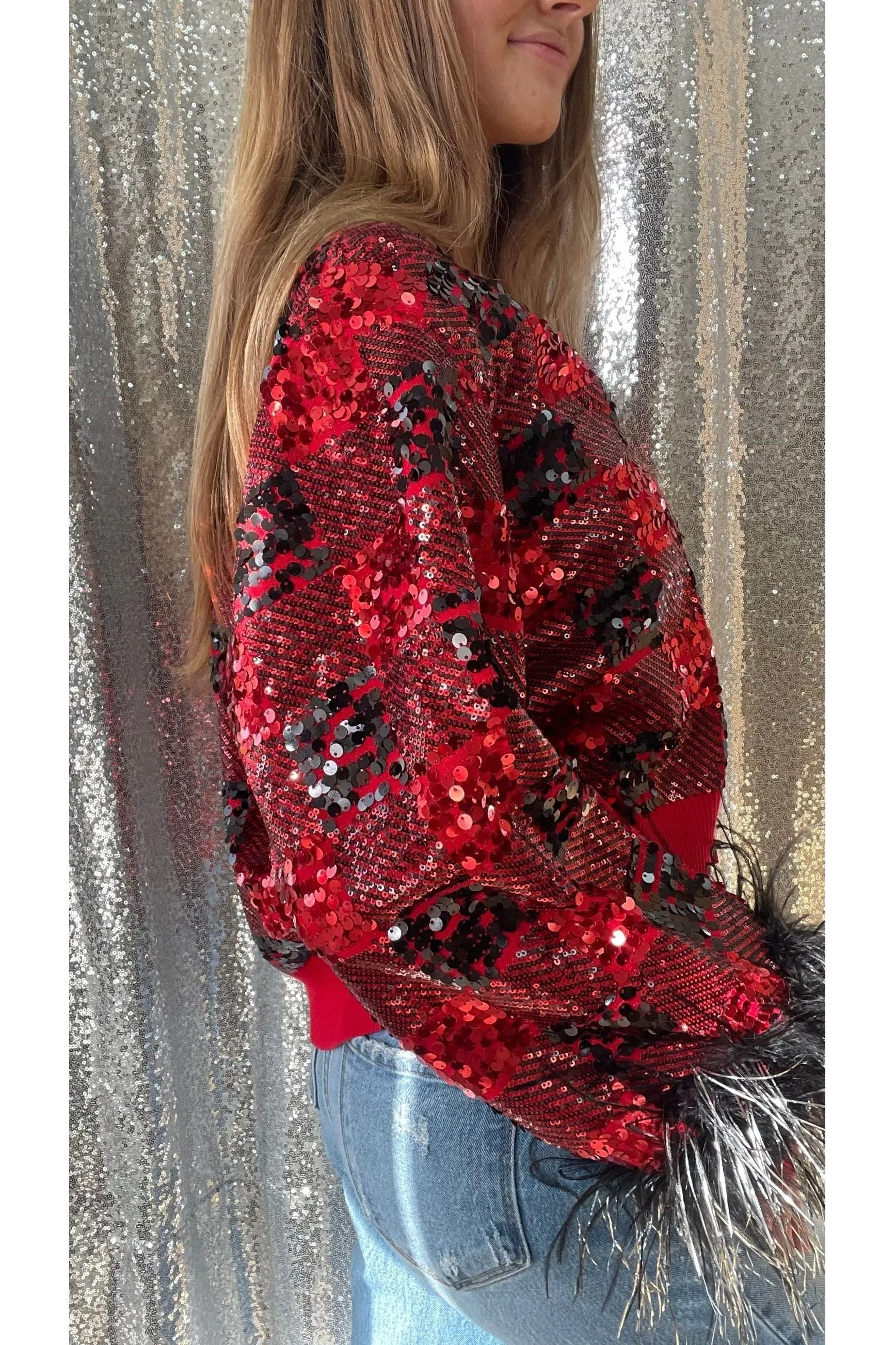 Queen of Sparkles Buffalo Plaid Cardigan with Feather Sleeves