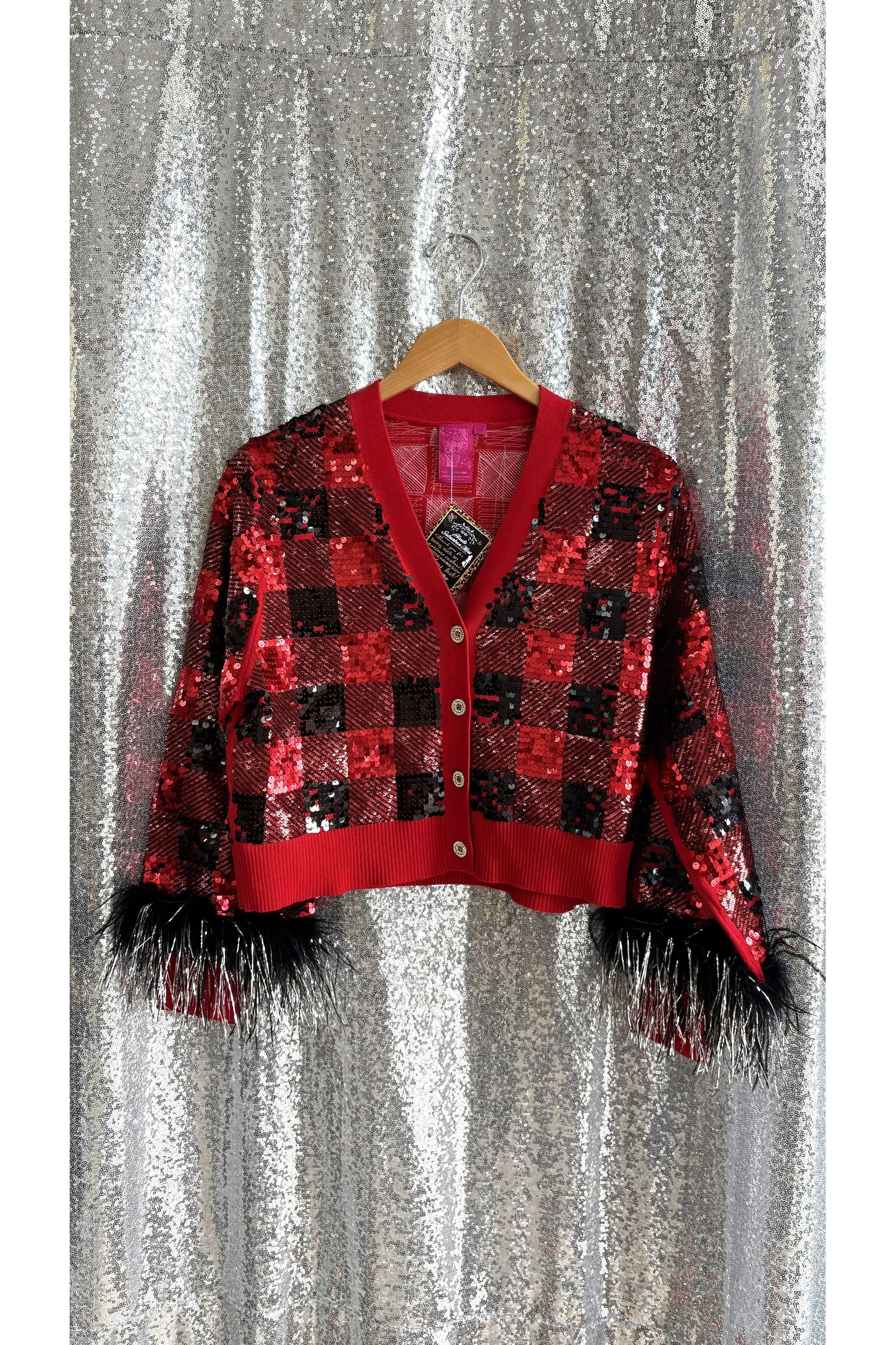 Queen of Sparkles Buffalo Plaid Cardigan with Feather Sleeves