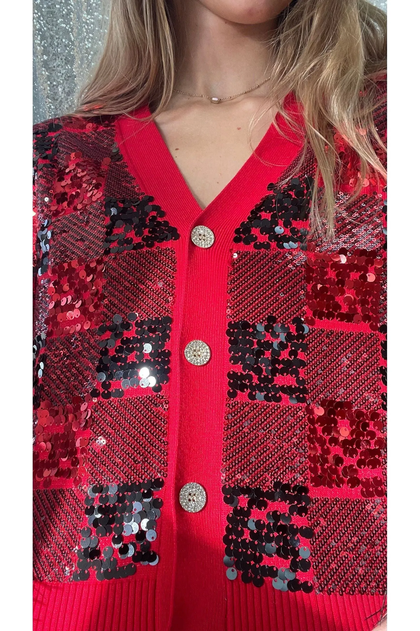 Queen of Sparkles Buffalo Plaid Cardigan with Feather Sleeves
