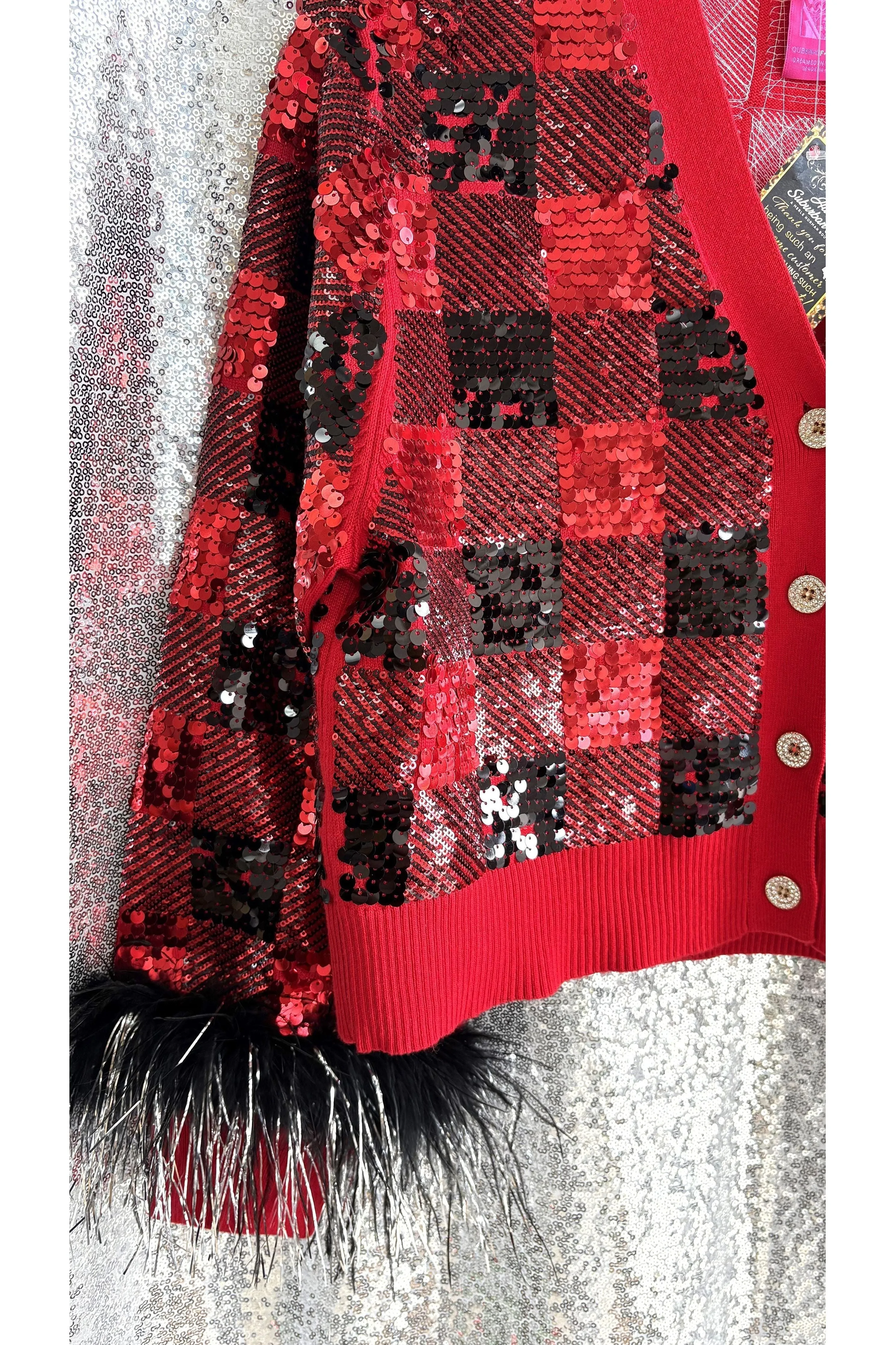 Queen of Sparkles Buffalo Plaid Cardigan with Feather Sleeves