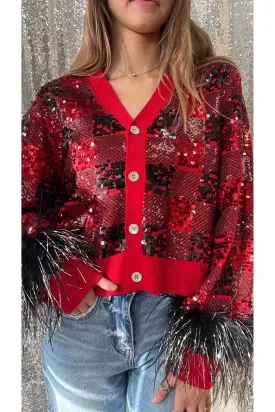 Queen of Sparkles Buffalo Plaid Cardigan with Feather Sleeves