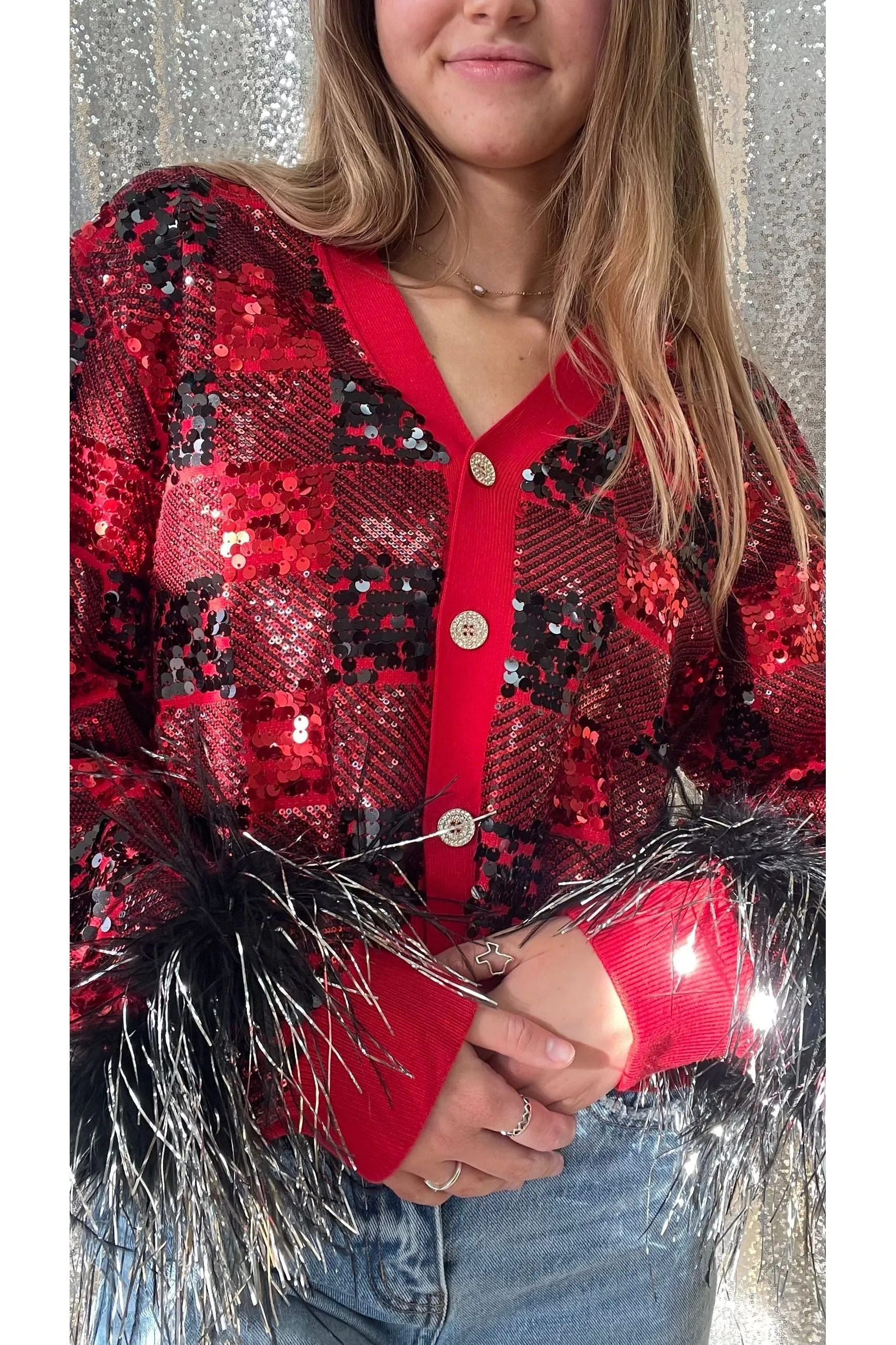 Queen of Sparkles Buffalo Plaid Cardigan with Feather Sleeves